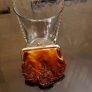 Gold evening Beaded purse w silver hardware 5" x 4.5"